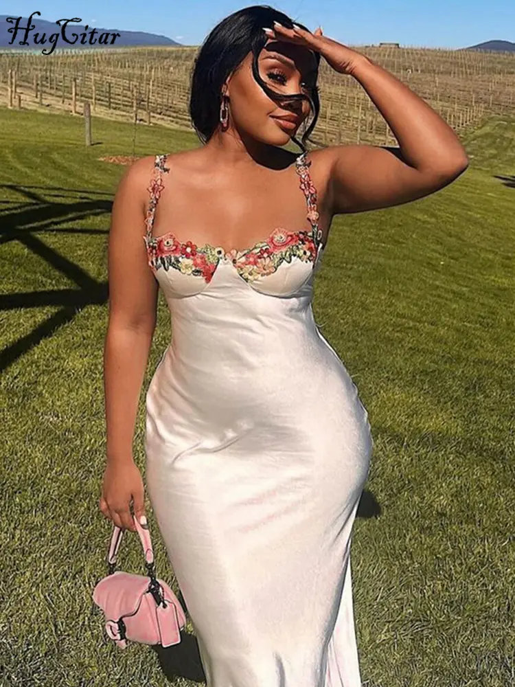 Hugcitar Satin Embroidered Colorful Flowers Slips Backless Elegant Sexy Slim Maxi Dress Summer Outfits Birthday Party Festival
