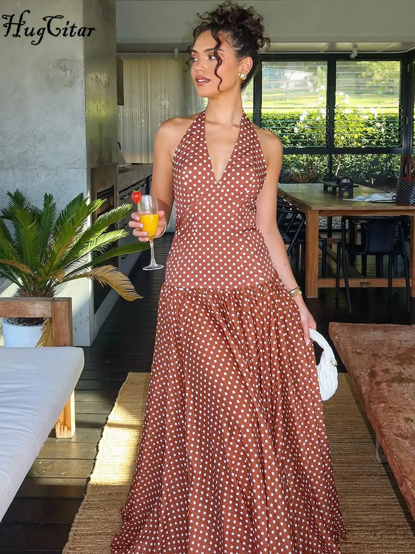 Hugcitar 2025 Fashion Spot Print Halter V Neck Backless Bandage Sexy Slim Pleated Maxi Dress Summer Women Outfits Festival Party
