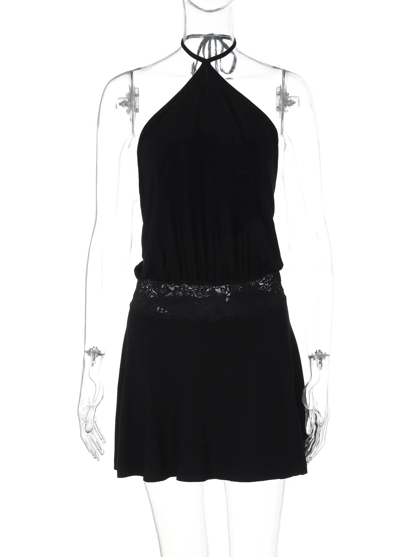 Hugcitar Women'S Fashion Halter Solid Backless Patchwork Lace Bandage Sexy Mini Dress 2025 Summer Clothes Vacation Party Club