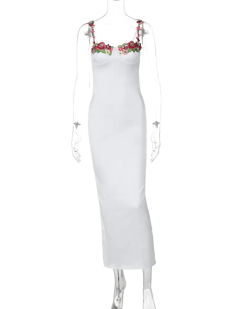 Hugcitar Satin Embroidered Colorful Flowers Slips Backless Elegant Sexy Slim Maxi Dress Summer Outfits Birthday Party Festival