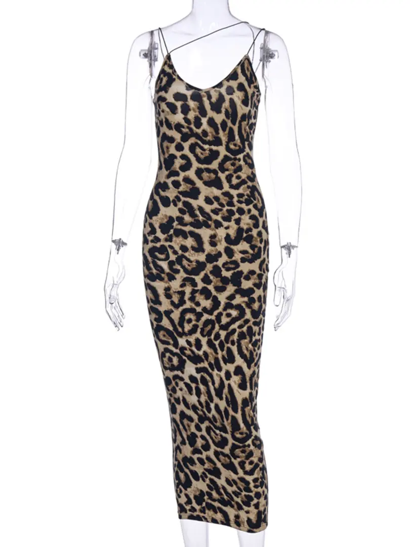 Hugcitar 2025 Leopard Print Sleeveless V-Neck Sexy Bodycon Midi Dress Summer Women Fashion Streetwear Party Festival Outfits