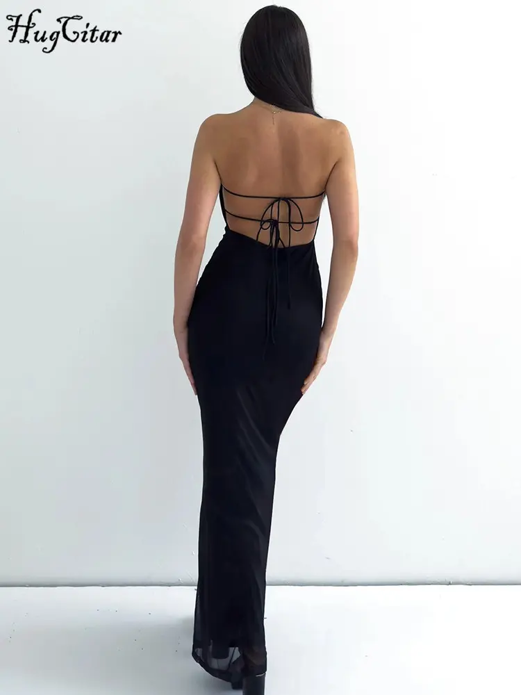 Hugcitar Mesh Flower Print Strapless Backless Lace Up Sexy Elegant Bodycon Maxi Prom Dress Women Y2K Outfit Party Beach Festival