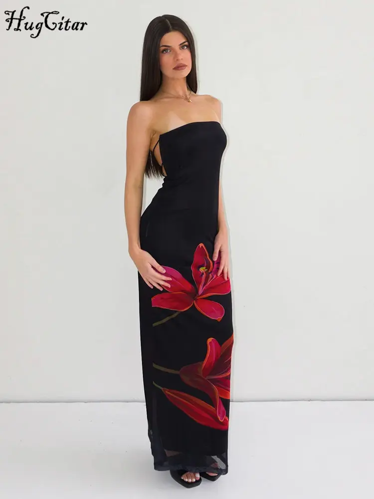 Hugcitar Mesh Flower Print Strapless Backless Lace Up Sexy Elegant Bodycon Maxi Prom Dress Women Y2K Outfit Party Beach Festival