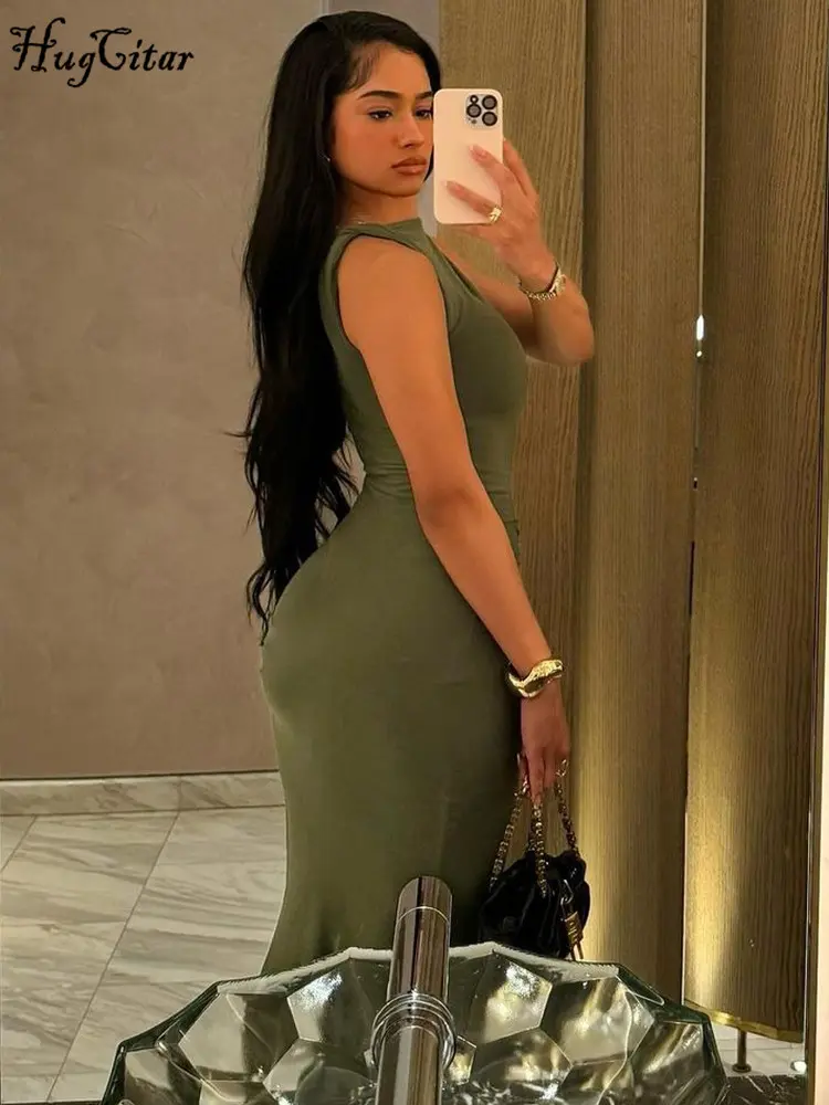 Hugcitar 2025 Elegant Solid Sleeveless Draped Sexy Bodycon Maxi Prom Dress Summer Women Fashion Outfits Birthday Party Festival