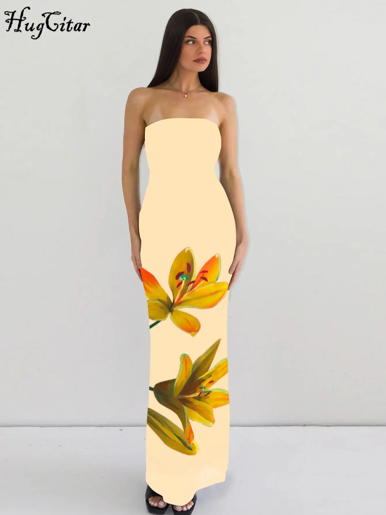 Hugcitar Mesh Flower Print Strapless Backless Lace Up Sexy Elegant Bodycon Maxi Prom Dress Women Y2K Outfit Party Beach Festival