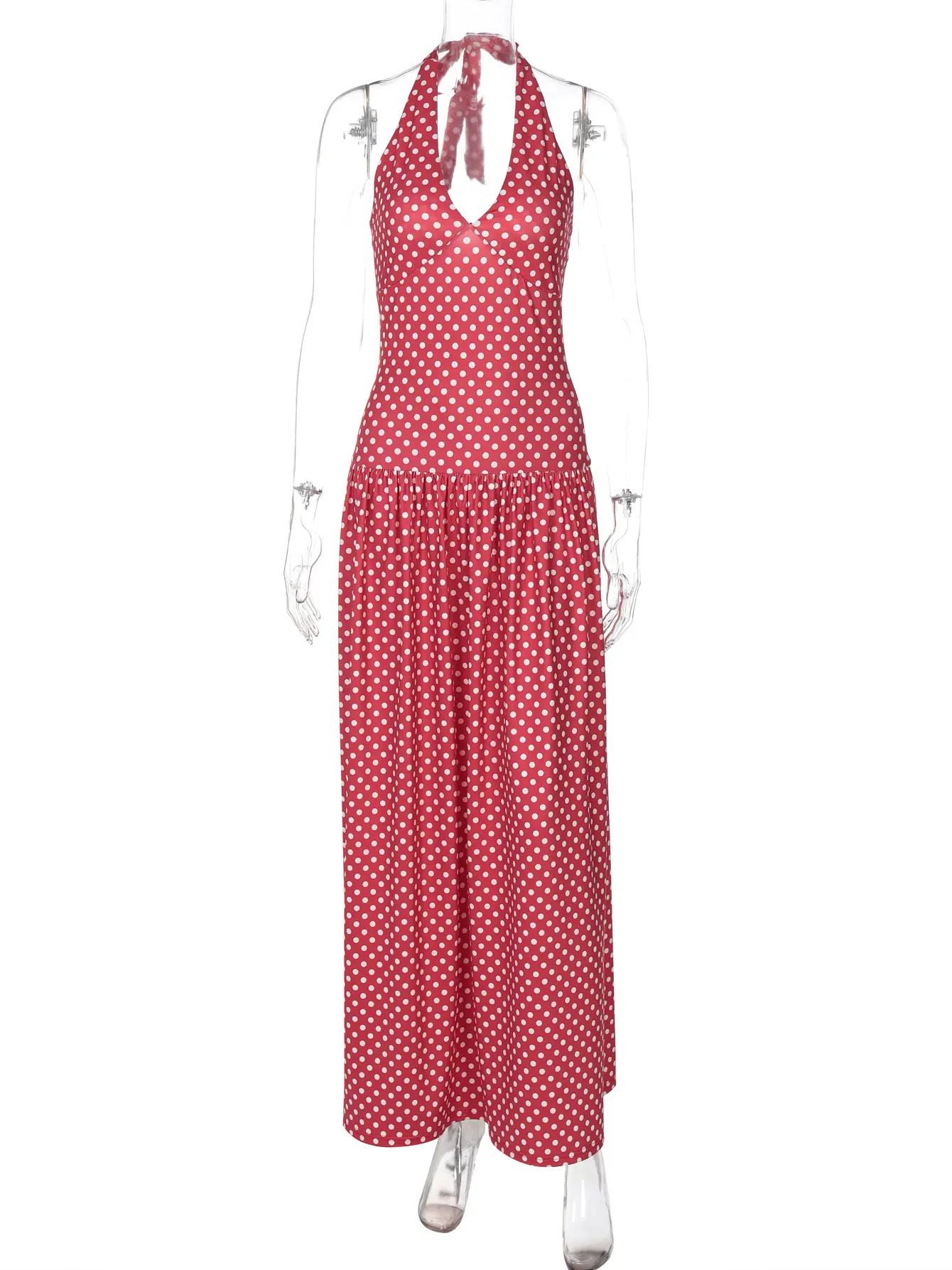 Hugcitar 2025 Fashion Spot Print Halter V Neck Backless Bandage Sexy Slim Pleated Maxi Dress Summer Women Outfits Festival Party