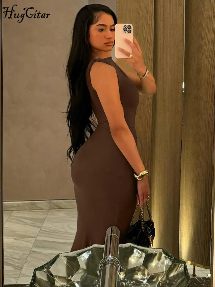 Hugcitar 2025 Elegant Solid Sleeveless Draped Sexy Bodycon Maxi Prom Dress Summer Women Fashion Outfits Birthday Party Festival