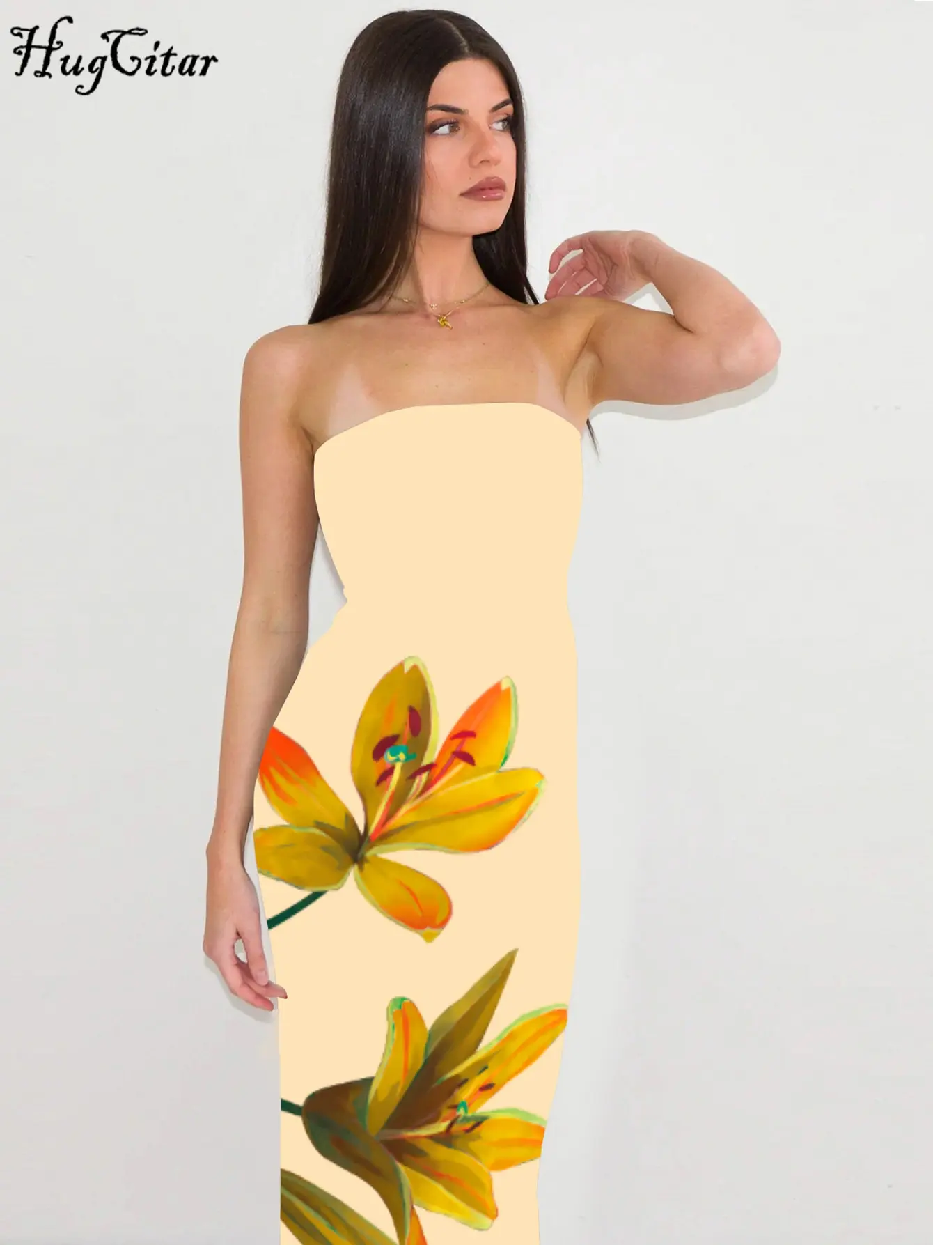 Hugcitar Mesh Flower Print Strapless Backless Lace Up Sexy Elegant Bodycon Maxi Prom Dress Women Y2K Outfit Party Beach Festival