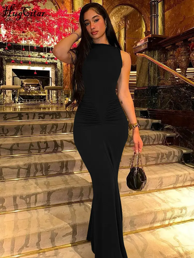 Hugcitar 2025 Elegant Solid Sleeveless Draped Sexy Bodycon Maxi Prom Dress Summer Women Fashion Outfits Birthday Party Festival