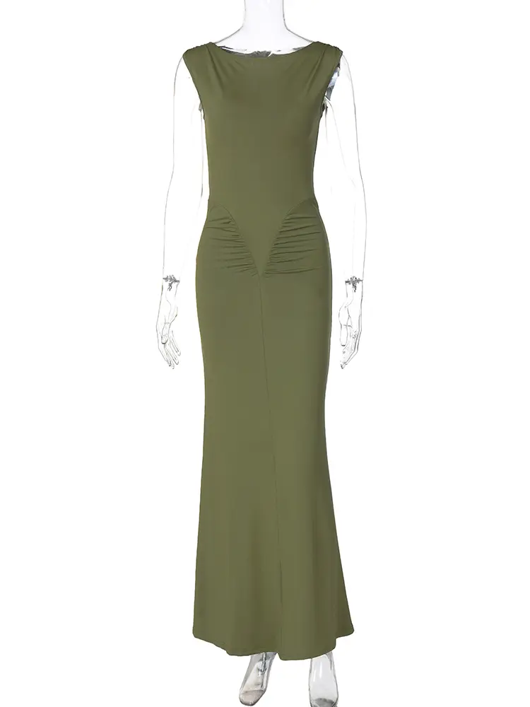 Hugcitar 2025 Elegant Solid Sleeveless Draped Sexy Bodycon Maxi Prom Dress Summer Women Fashion Outfits Birthday Party Festival