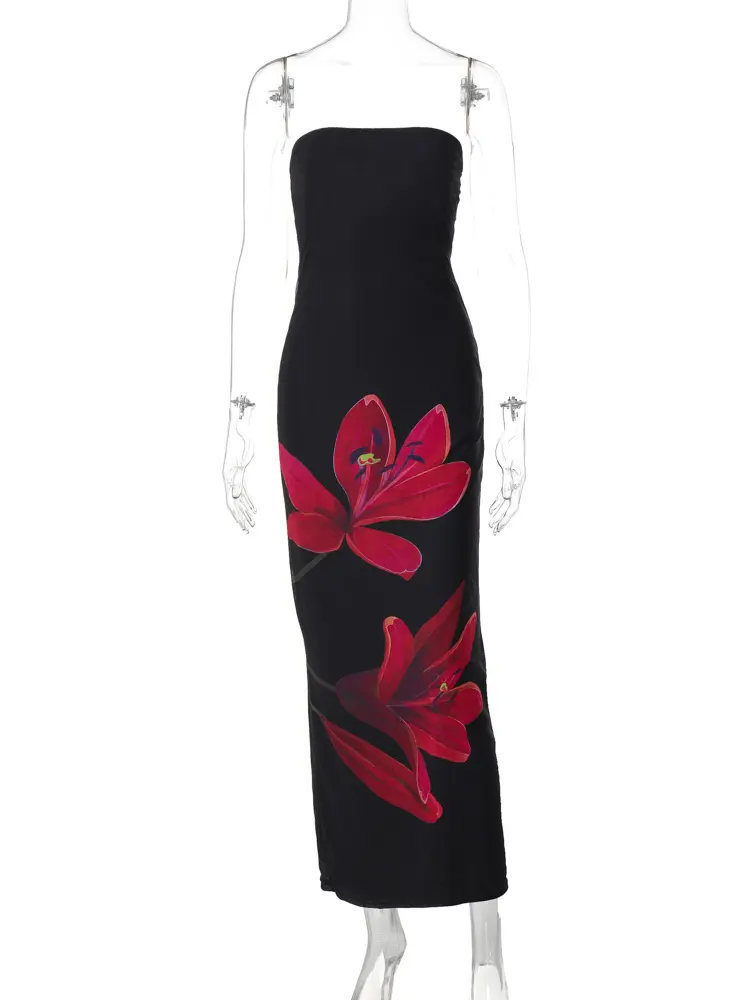 Hugcitar Mesh Flower Print Strapless Backless Lace Up Sexy Elegant Bodycon Maxi Prom Dress Women Y2K Outfit Party Beach Festival