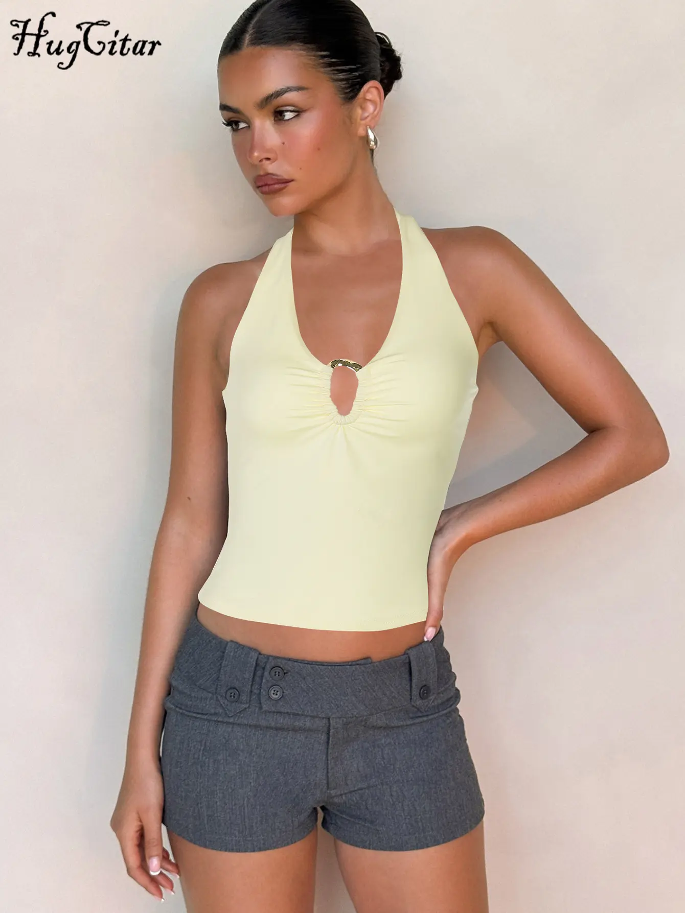 Hugcitar Women'S Fashion Halter Metal Loop Cut Out Backless Bandage Sexy Crop Tank Top Summer Vacation Clothes Streetwear Party