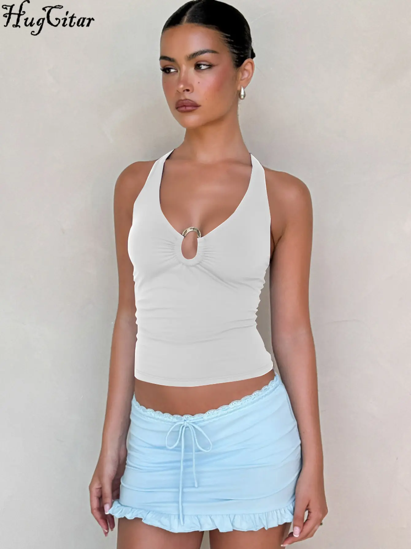 Hugcitar Women'S Fashion Halter Metal Loop Cut Out Backless Bandage Sexy Crop Tank Top Summer Vacation Clothes Streetwear Party