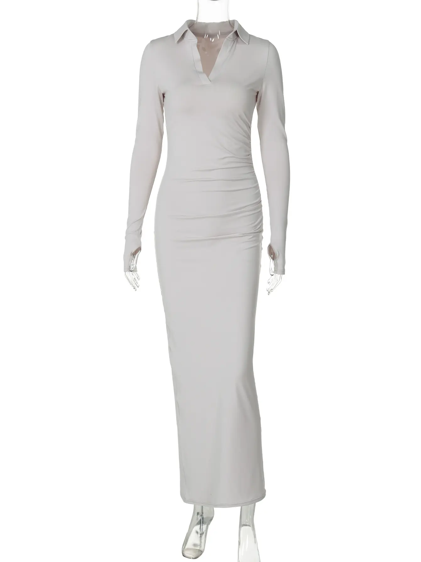 Hugcitar Elegant Polo Neck Long Sleeve Ruched Sexy Bodycon Sexy Bodycon Maxi Dress Autumn Women Y2K Clothes Rave Party Festival