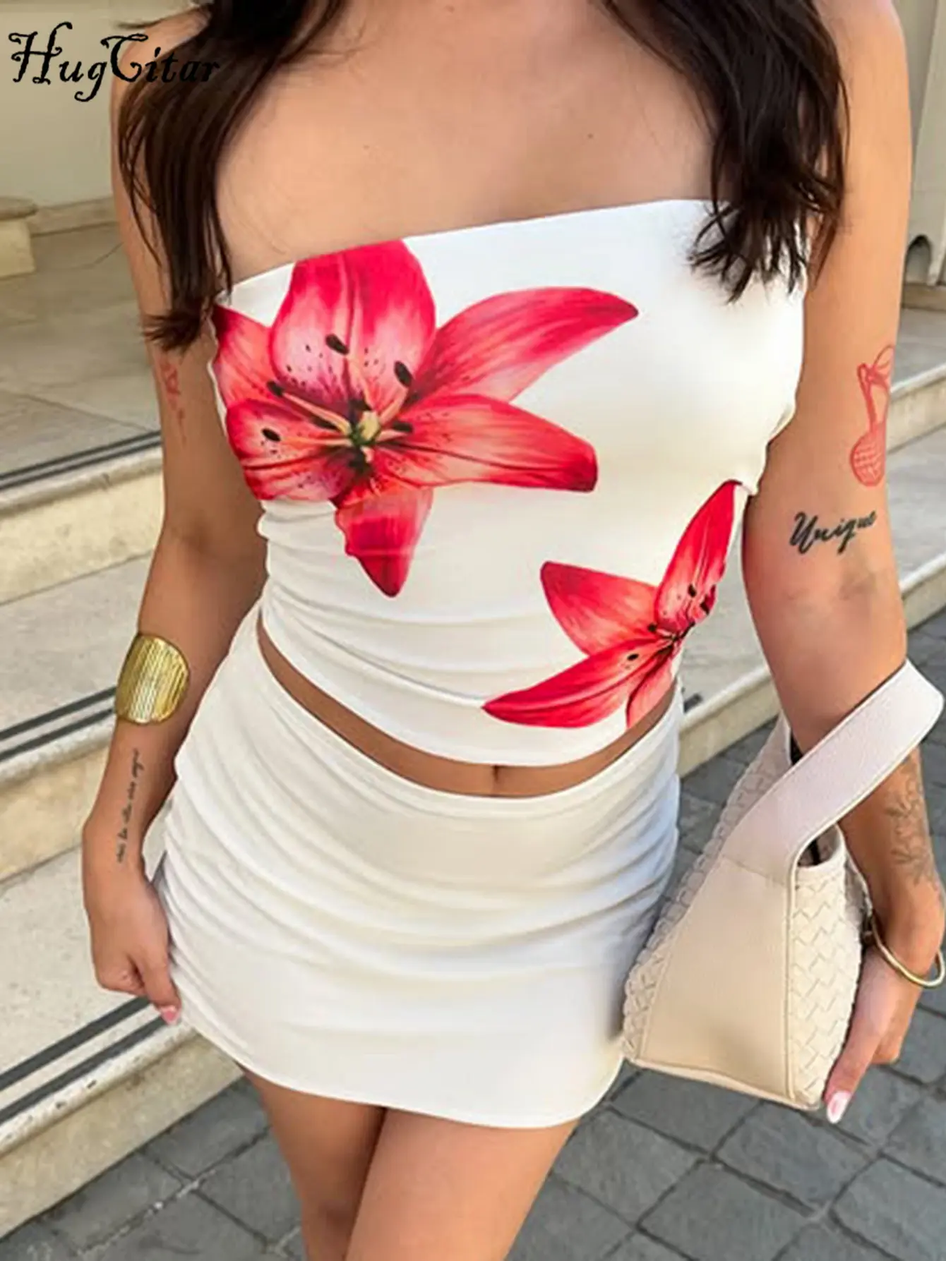 Hugcitar Women'S Elegant Floral Print Strapless Sexy Crop Tank Top Summer Casual Female Clothes Vacation Party Streetwear