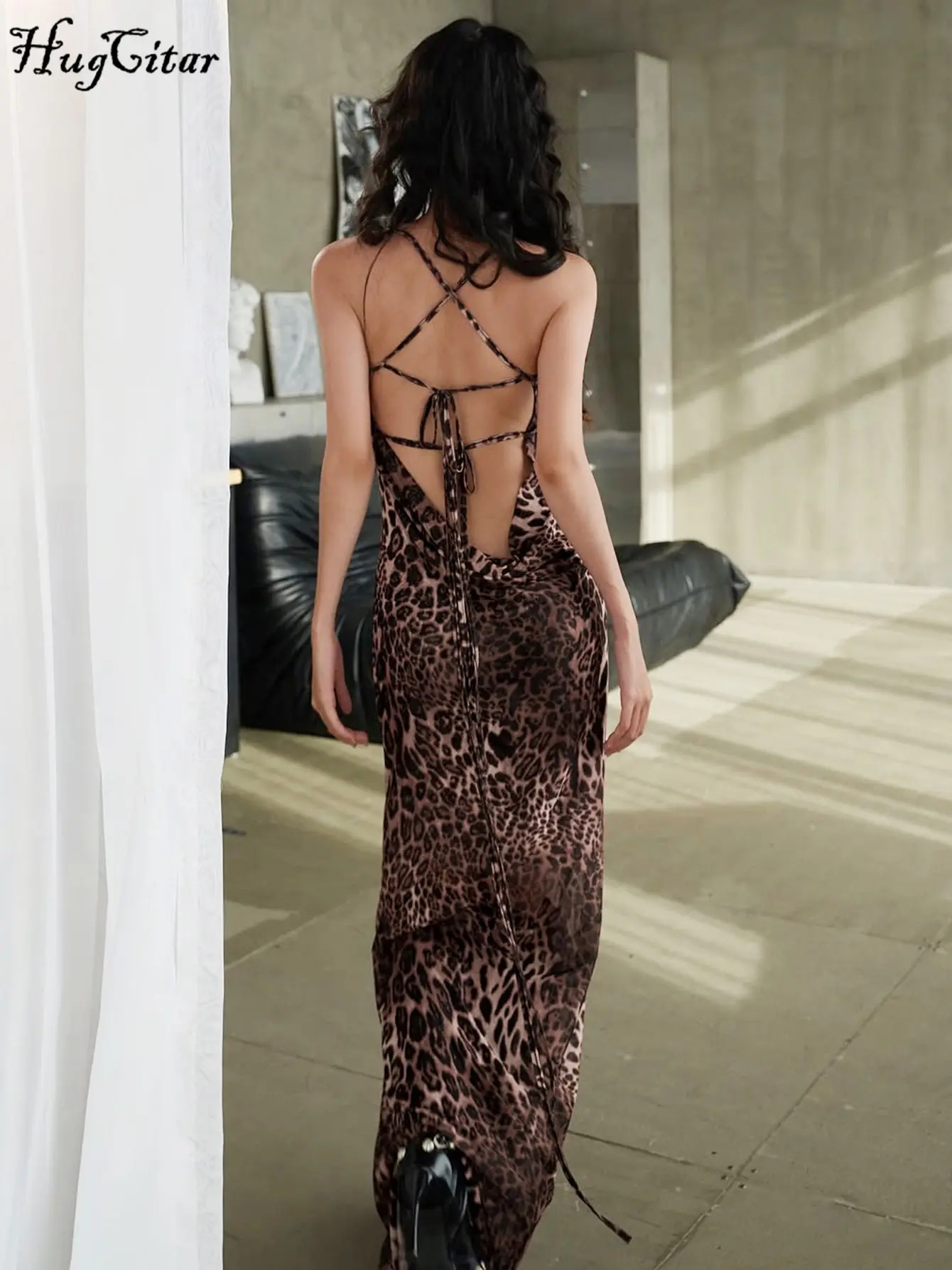 Hugcitar 2025 Summer Leopard Print Sexy Backless Lace Up Sexy Maxi Dress Women Casual Y2K Clothes Beach Vacation Party