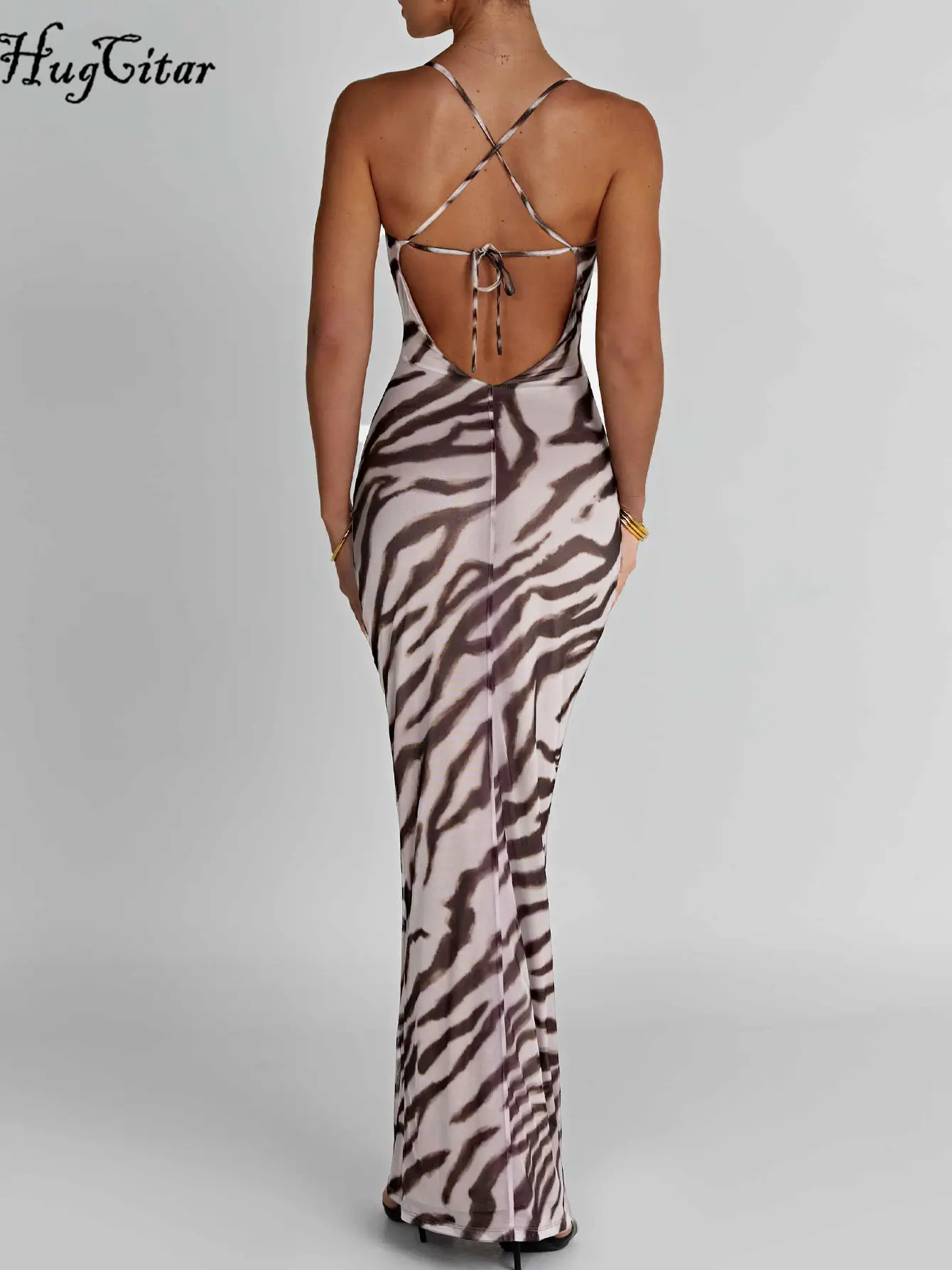 Hugcitar Zebra Print Slips Backless Sexy Bodycon Maxi Dress 2025 Spring Women Fashion Y2K Clothes Birthday Party Festival