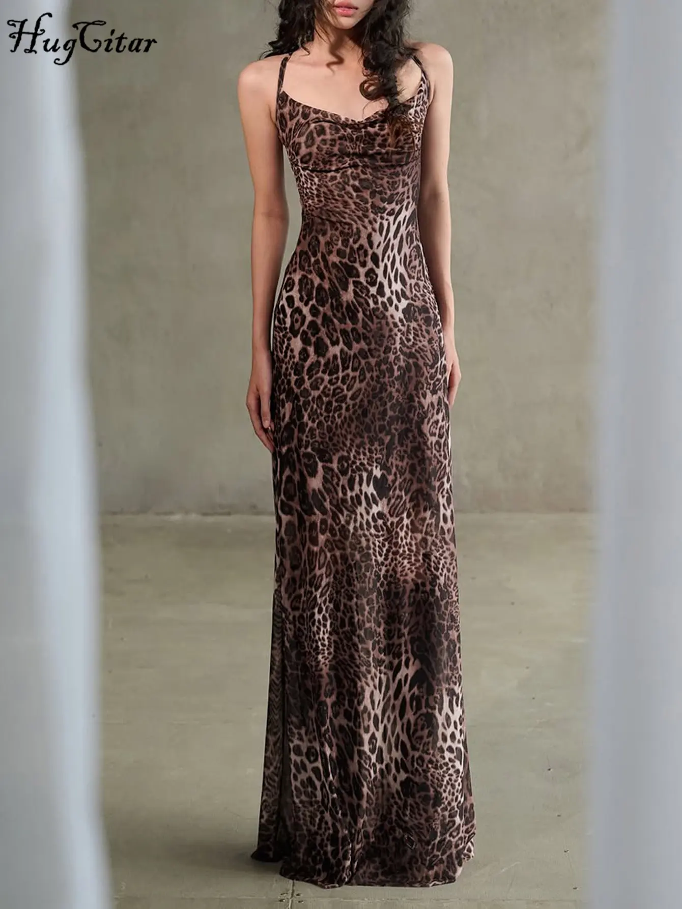 Hugcitar 2025 Summer Leopard Print Sexy Backless Lace Up Sexy Maxi Dress Women Casual Y2K Clothes Beach Vacation Party
