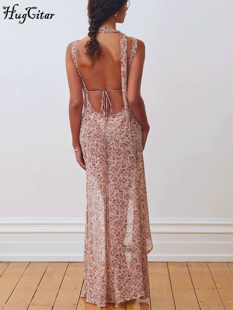 Hugcitar Chiffon Floral Print Scarf Backless Lace Up Slit Elegant Sexy Slim Slips Maxi Dress 2023 Summer Women Festival Party