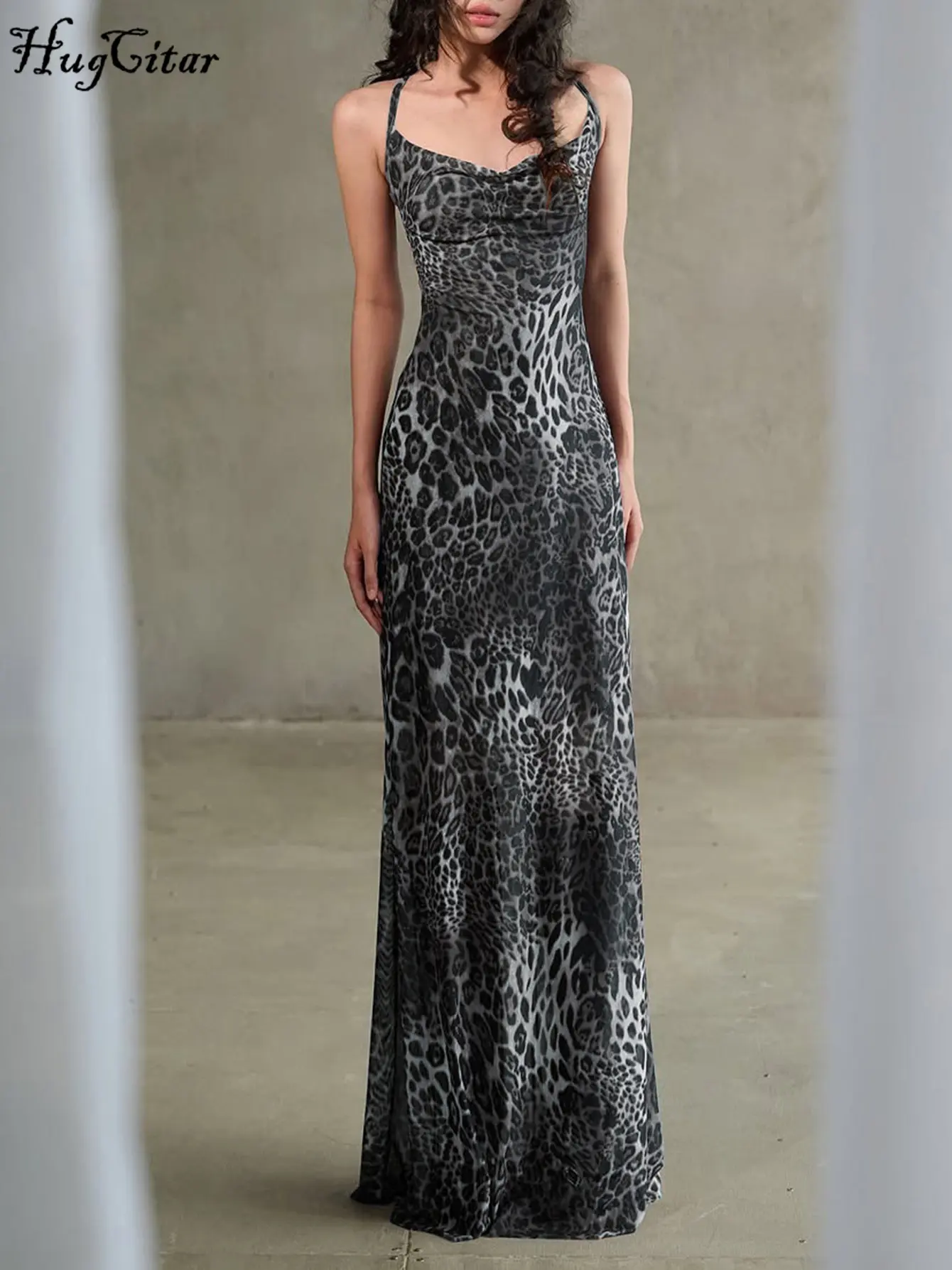 Hugcitar 2025 Summer Leopard Print Sexy Backless Lace Up Sexy Maxi Dress Women Casual Y2K Clothes Beach Vacation Party