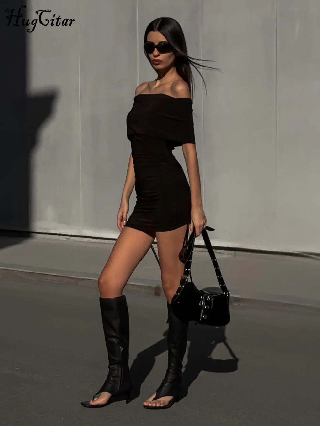 Hugcitar Women Fashion Black Slash Neck Short Sleeve Shirring Bandage Sexy Slim Mini Dress Summer Y2K Outfits Party Nightclub