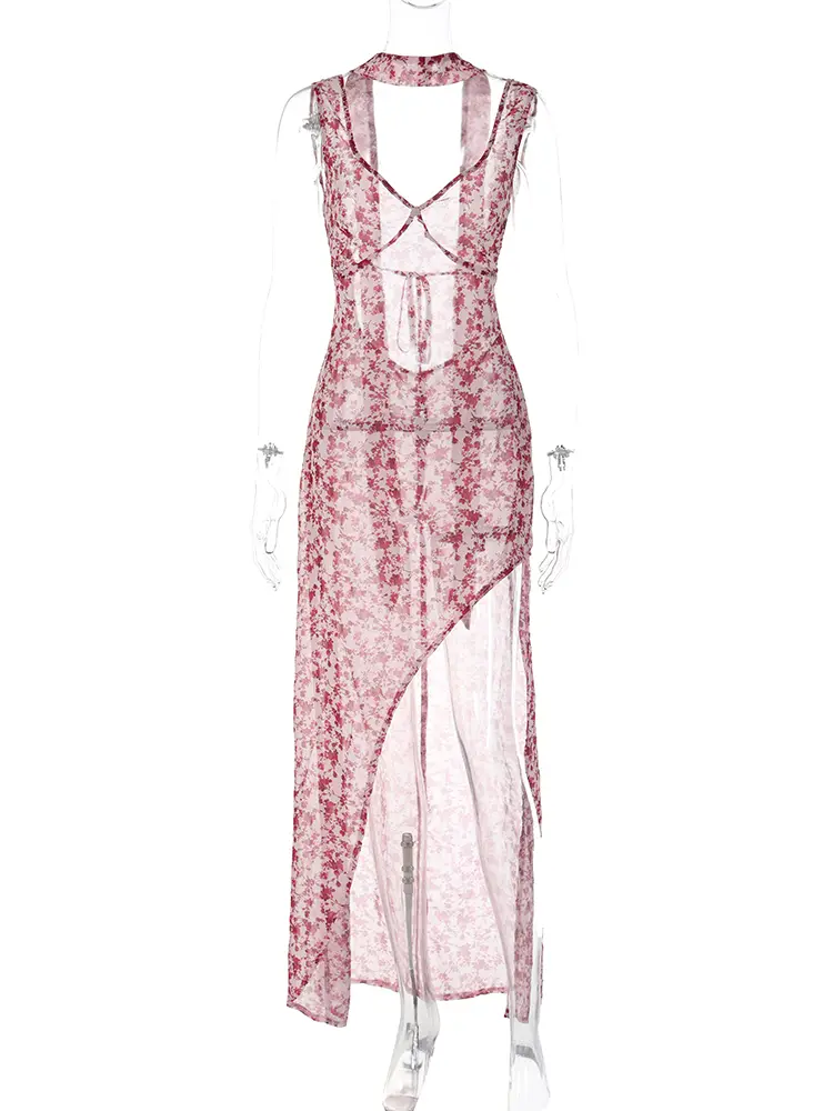 Hugcitar Chiffon Floral Print Scarf Backless Lace Up Slit Elegant Sexy Slim Slips Maxi Dress 2023 Summer Women Festival Party