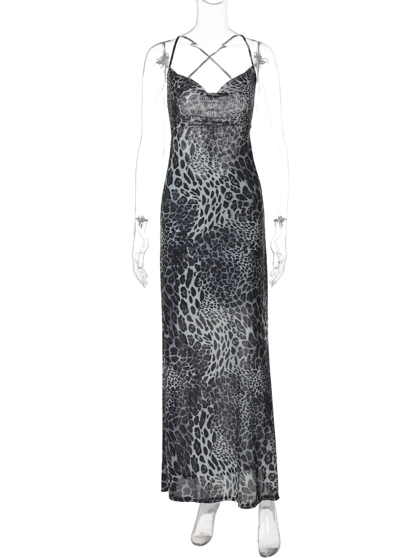 Hugcitar 2025 Summer Leopard Print Sexy Backless Lace Up Sexy Maxi Dress Women Casual Y2K Clothes Beach Vacation Party