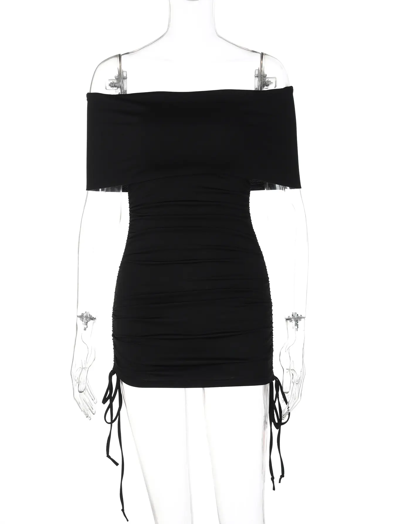Hugcitar Women Fashion Black Slash Neck Short Sleeve Shirring Bandage Sexy Slim Mini Dress Summer Y2K Outfits Party Nightclub