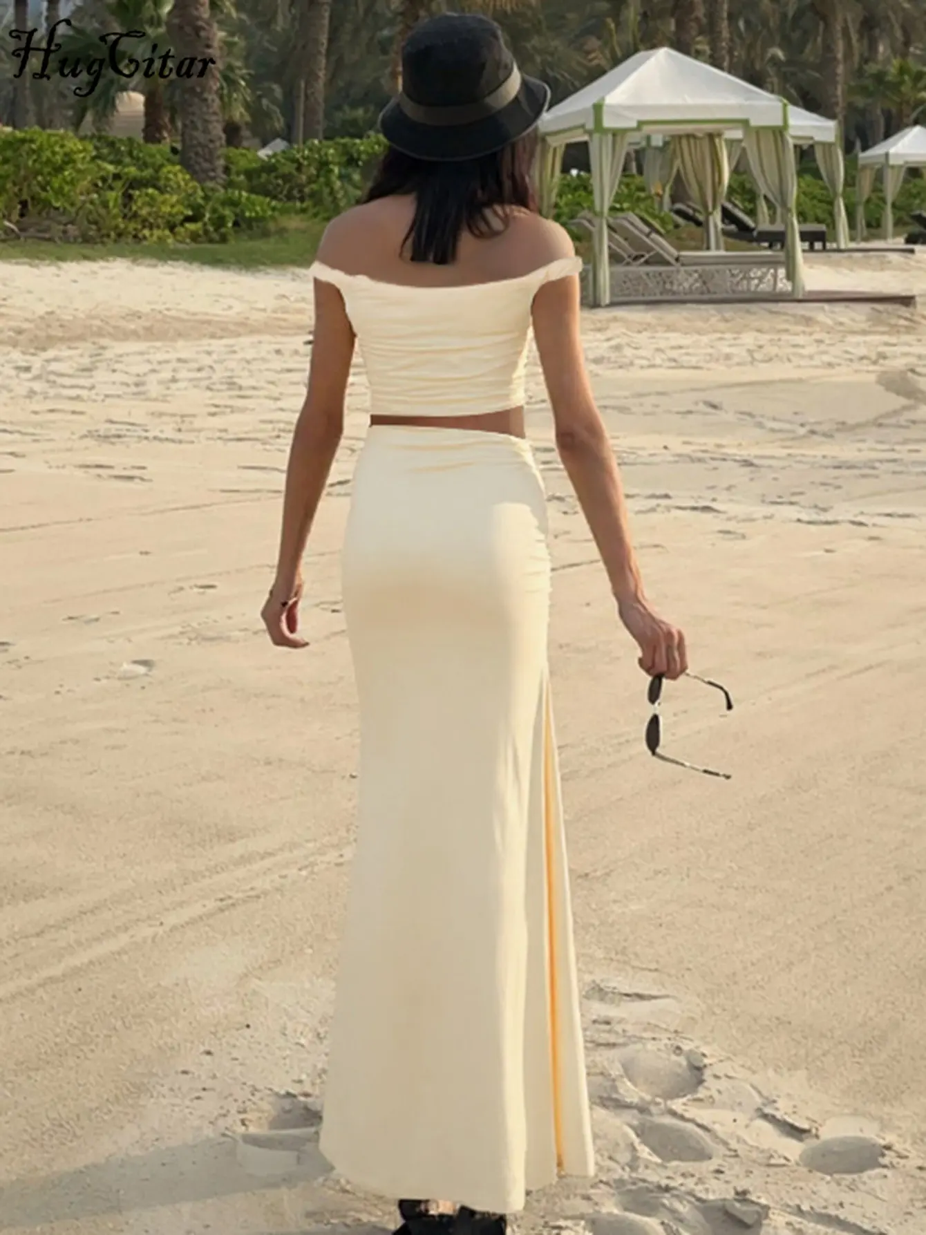 Hugcitar Elegant 2 Pcs Sets Solid Slash Neck Ruched Backless Sexy Crop Tank Top Maxi Skirt Women Vacation Outfits Party Club