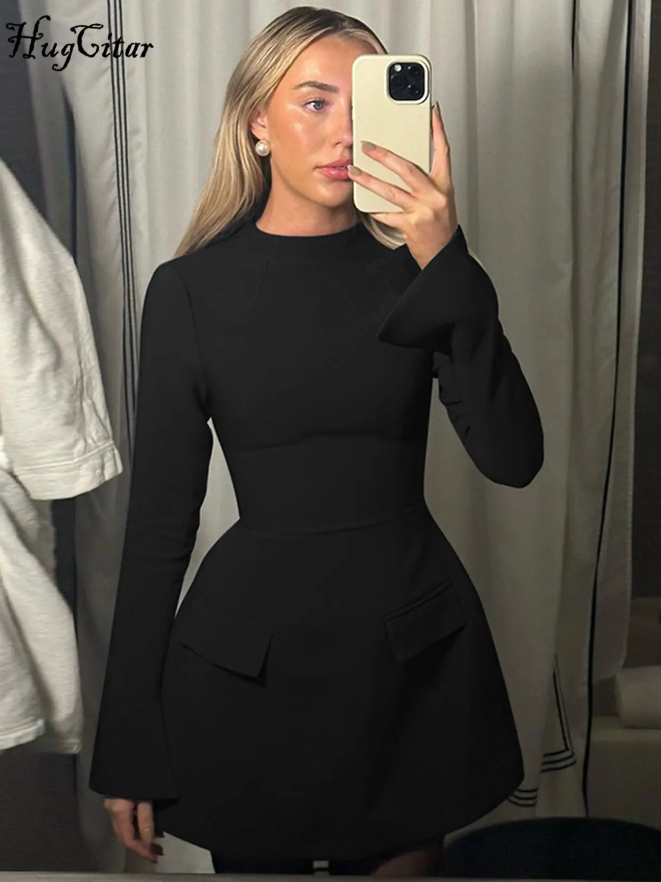 Hugcitar 2024 Spring O Neck Long Sleeve Solid Patchwork Zip Up Sexy Bodycon Mini Dress Women Fashion Outfits Birthday Party Y2K