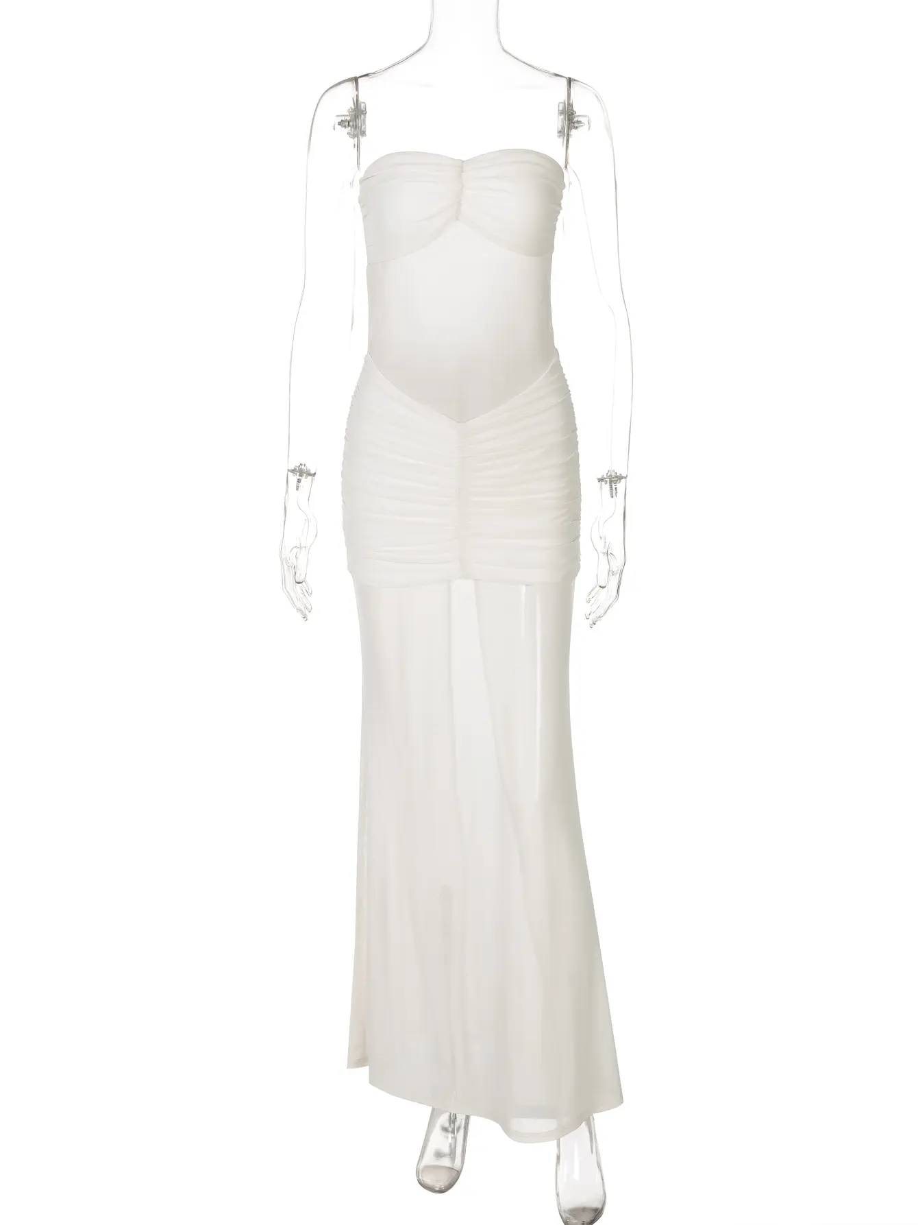 Hugcitar Women'S Fashion Strapless Solid Ruched Sexy Patchwork Mesh Sexy Slim Maxi Dress Summer Female Vacation Club Y2K Outfit