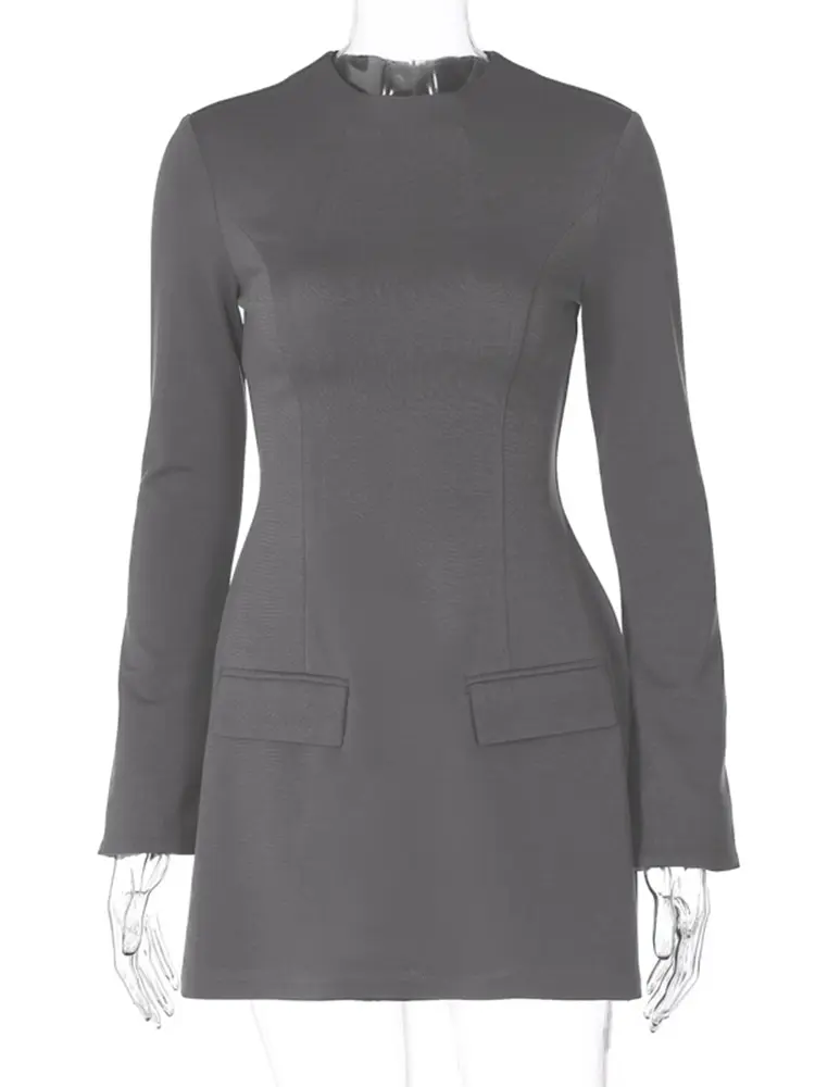 Hugcitar 2024 Spring O Neck Long Sleeve Solid Patchwork Zip Up Sexy Bodycon Mini Dress Women Fashion Outfits Birthday Party Y2K