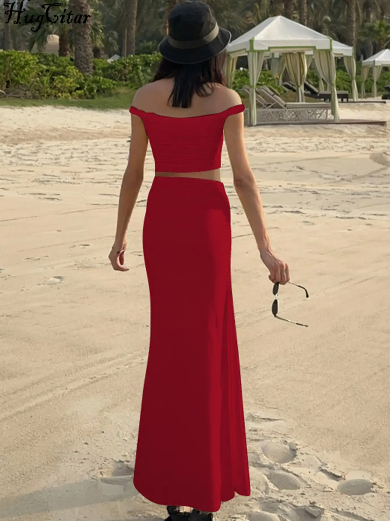 Hugcitar Elegant 2 Pcs Sets Solid Slash Neck Ruched Backless Sexy Crop Tank Top Maxi Skirt Women Vacation Outfits Party Club
