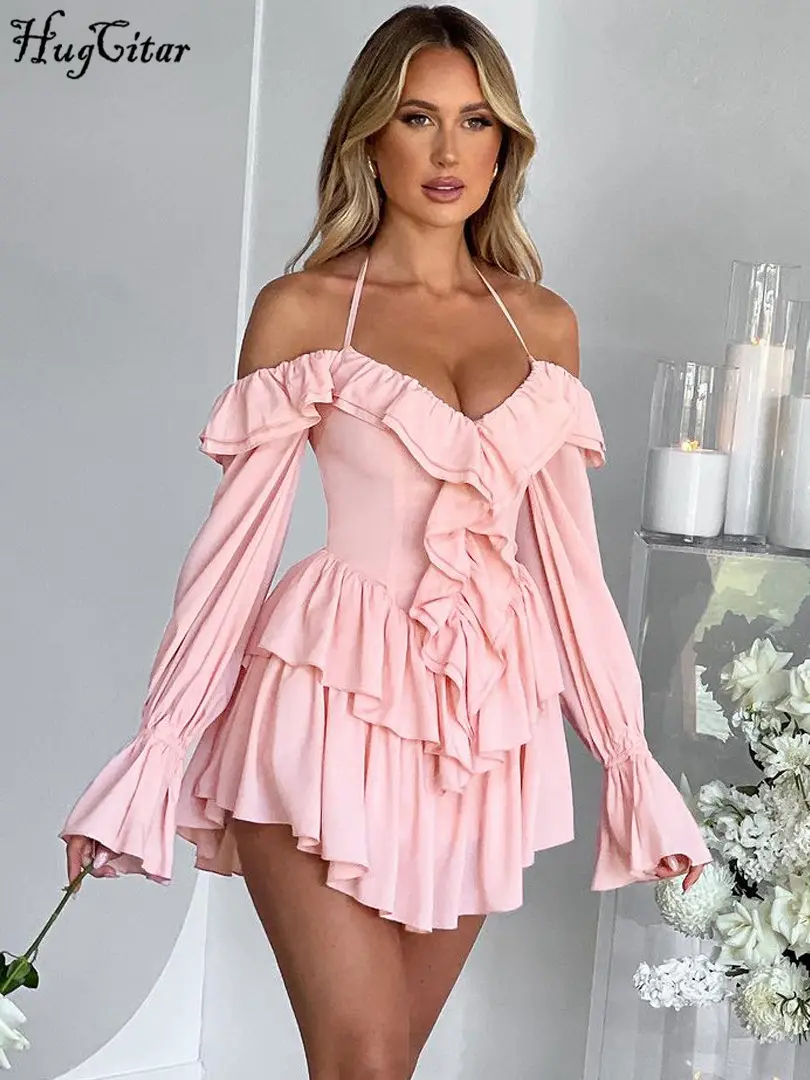 Hugcitar Spring Elegant Ruffles Solid Long Flare Sleeve Sexy Pleated Mini Dress Women Casual Y2K Clothes Birthday Party Vacation