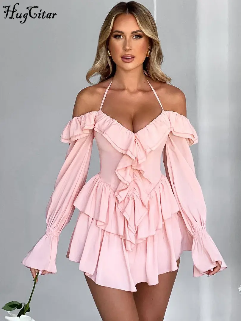 Hugcitar Spring Elegant Ruffles Solid Long Flare Sleeve Sexy Pleated Mini Dress Women Casual Y2K Clothes Birthday Party Vacation