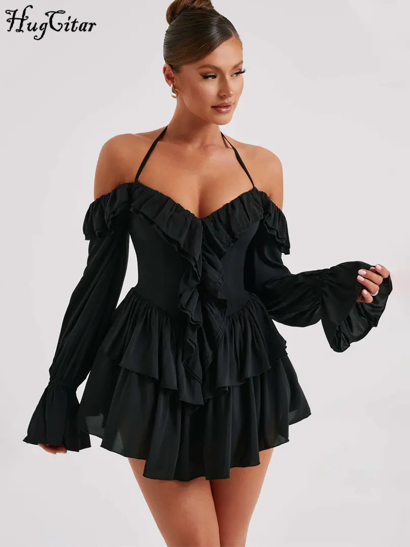 Hugcitar Spring Elegant Ruffles Solid Long Flare Sleeve Sexy Pleated Mini Dress Women Casual Y2K Clothes Birthday Party Vacation