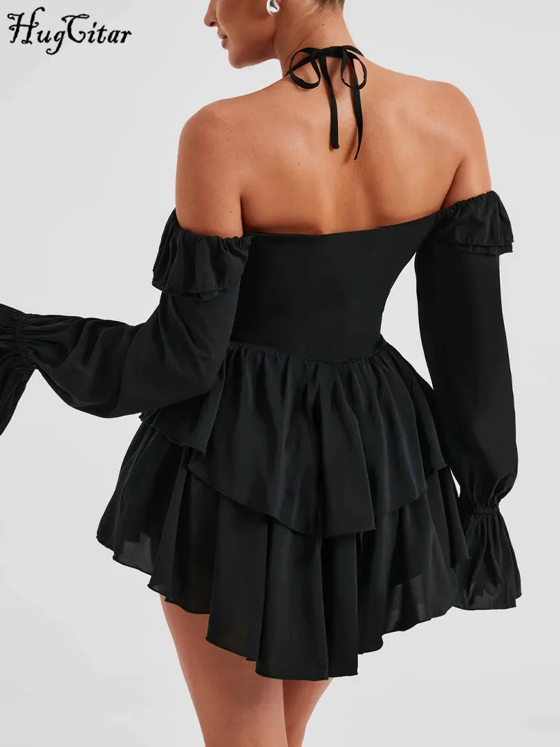 Hugcitar Spring Elegant Ruffles Solid Long Flare Sleeve Sexy Pleated Mini Dress Women Casual Y2K Clothes Birthday Party Vacation