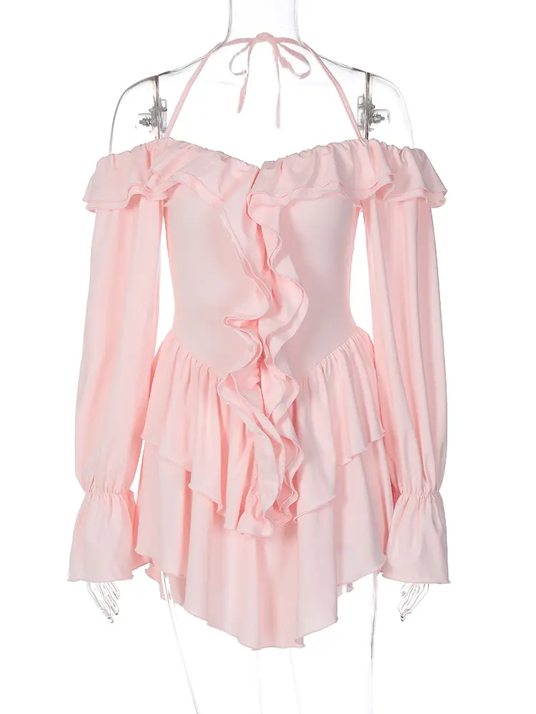Hugcitar Spring Elegant Ruffles Solid Long Flare Sleeve Sexy Pleated Mini Dress Women Casual Y2K Clothes Birthday Party Vacation
