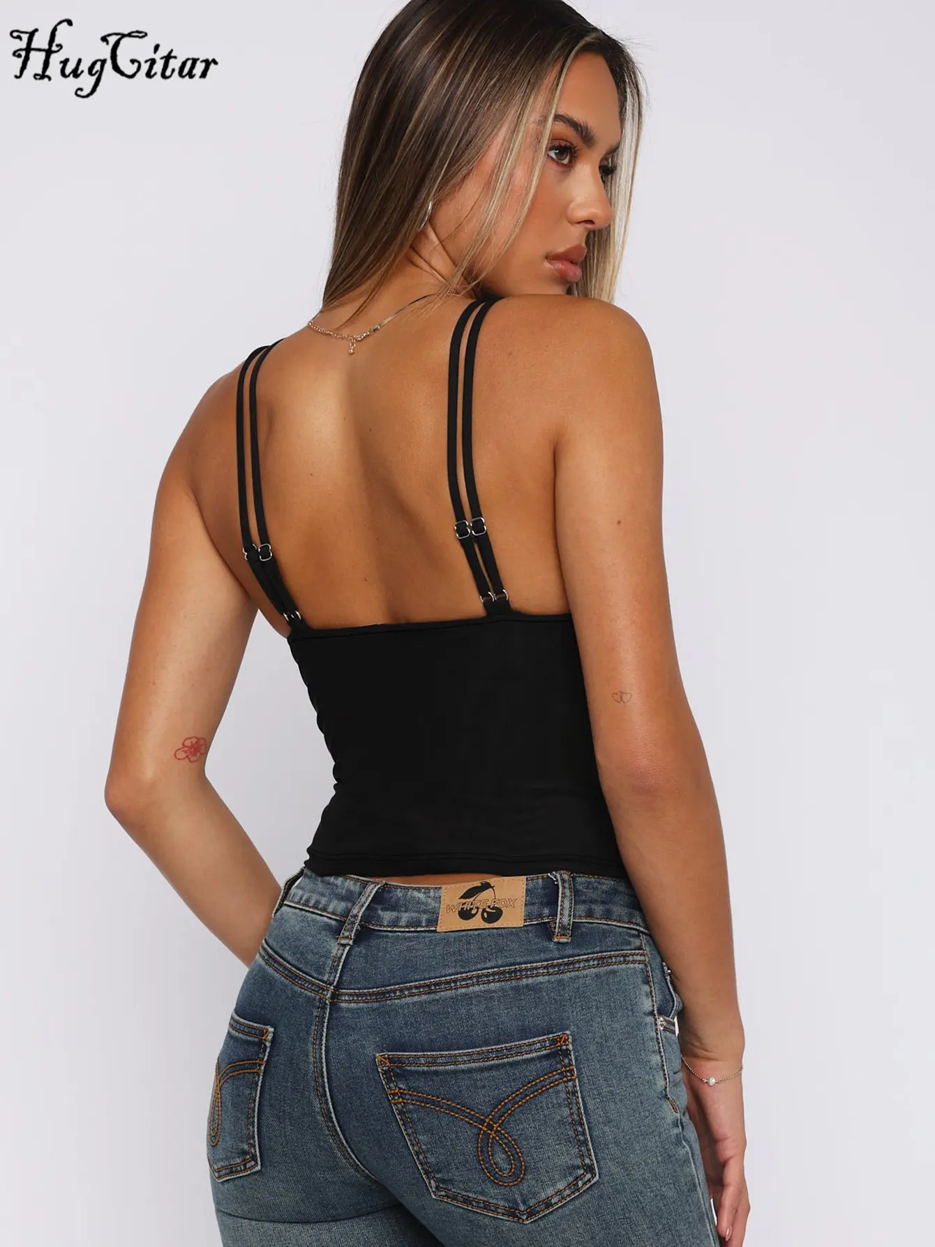 Hugcitar V Neck Slips Solid Sexy Bright Line Sexy Slim Crop Camis Top Summer Women Fashion Outfit Streetwear Party Club Yoga