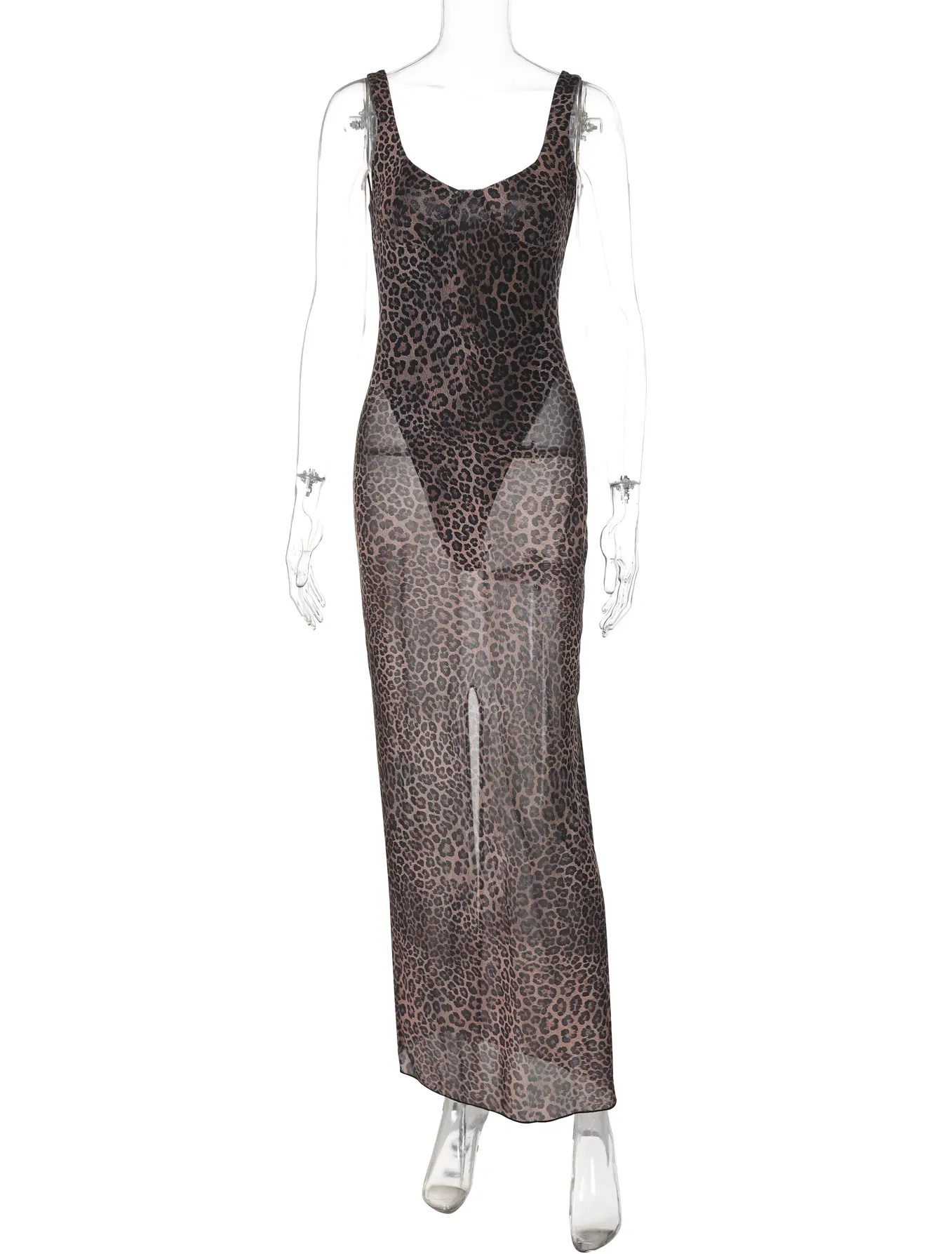 Hugcitar Fashion Leopard Print Sleeveless Straps Sexy Bodysuit Patchwork Mesh Slit Maxi Dress Sheer Summer Outfit Vacation Club