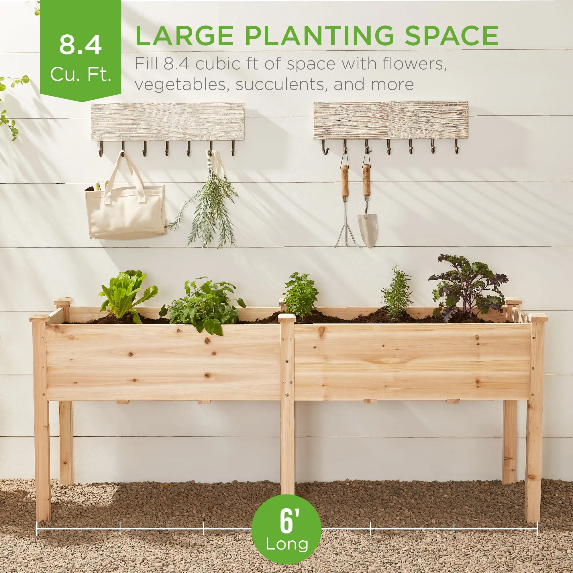 72x23x30in Raised Garden Bed, Elevated Wood Planter Box for Patio w/ Divider Panel - Natural