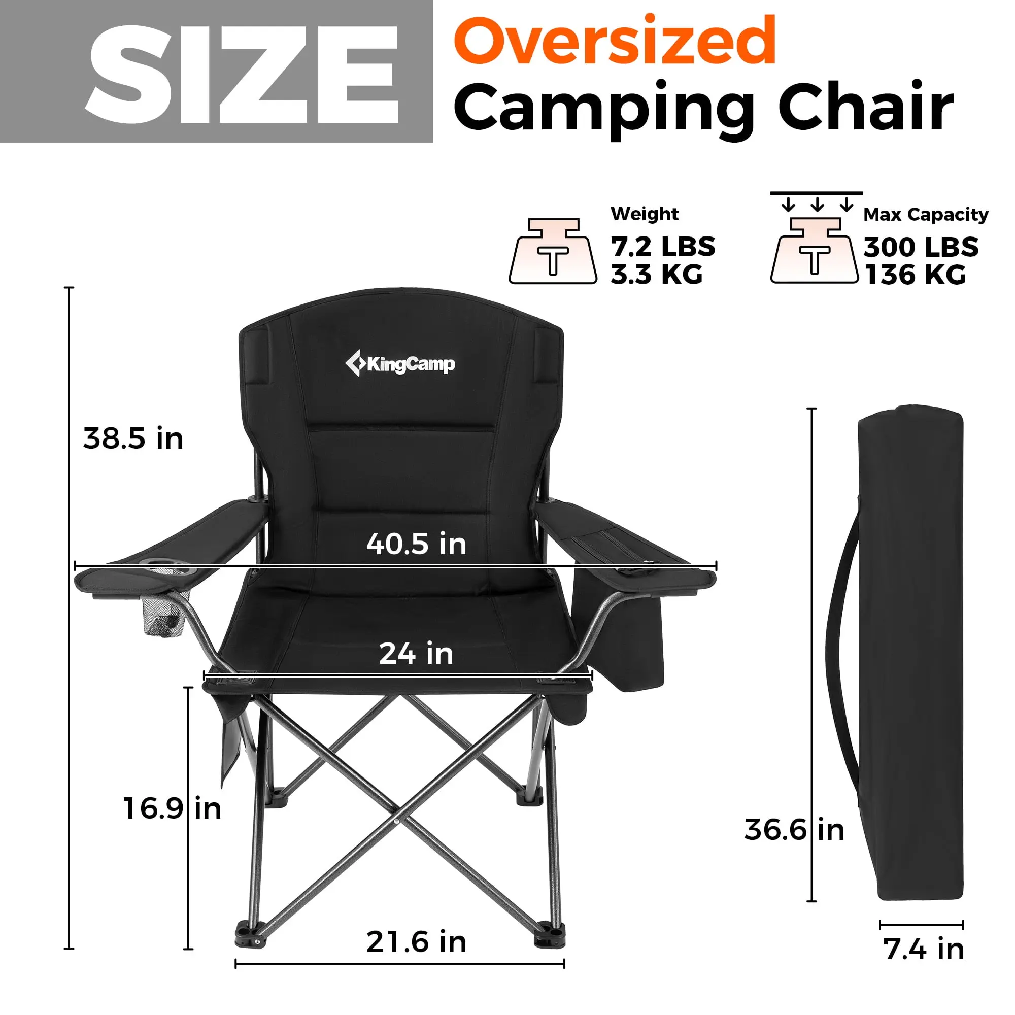 Oversized Camping Chairs Heavy Duty Padded Folding Chairs Support 300 lbs for Adults Outdoor Black