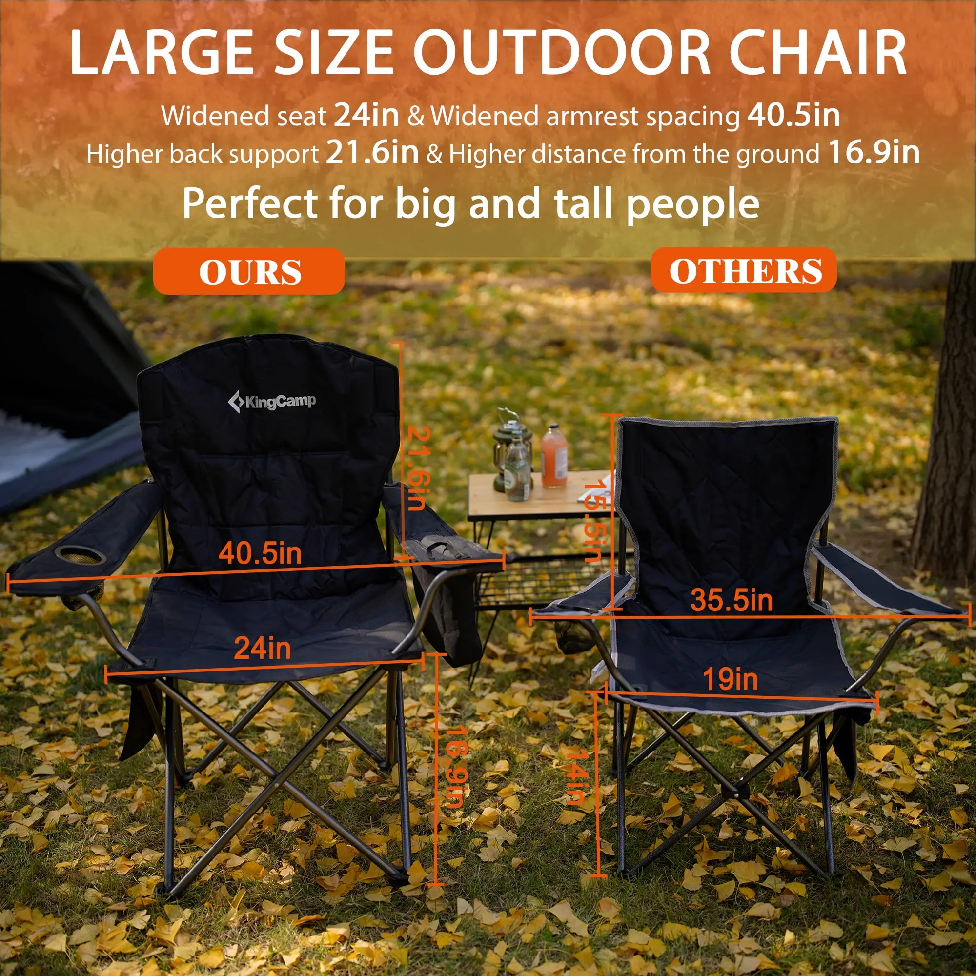 Oversized Camping Chairs Heavy Duty Padded Folding Chairs Support 300 lbs for Adults Outdoor Black