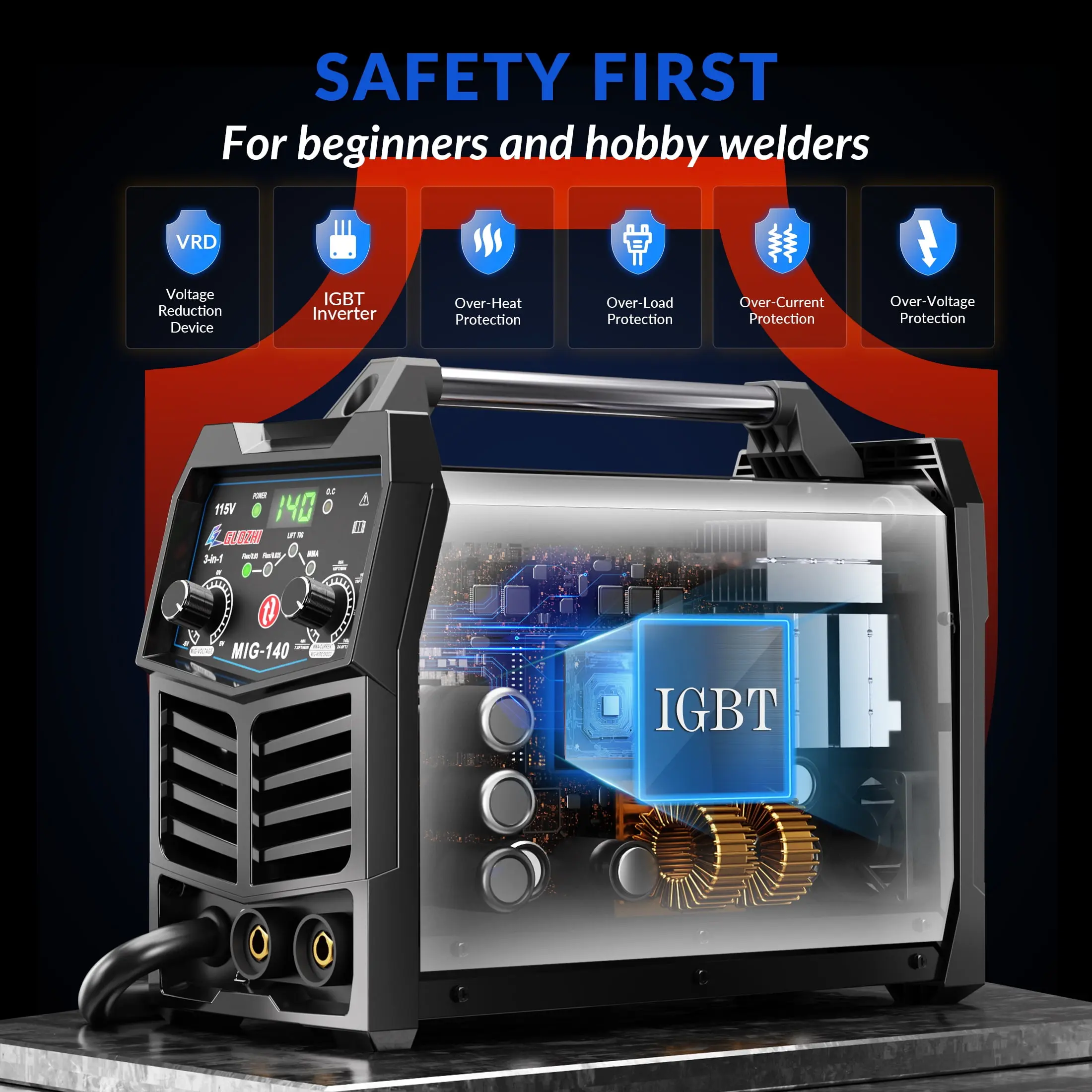 140A MIG Welder, 110V 3 in 1 Multi-Process Welding Machine Gasless Flux Core Welder MIG, MMA, Lift TIG(22.5LB)