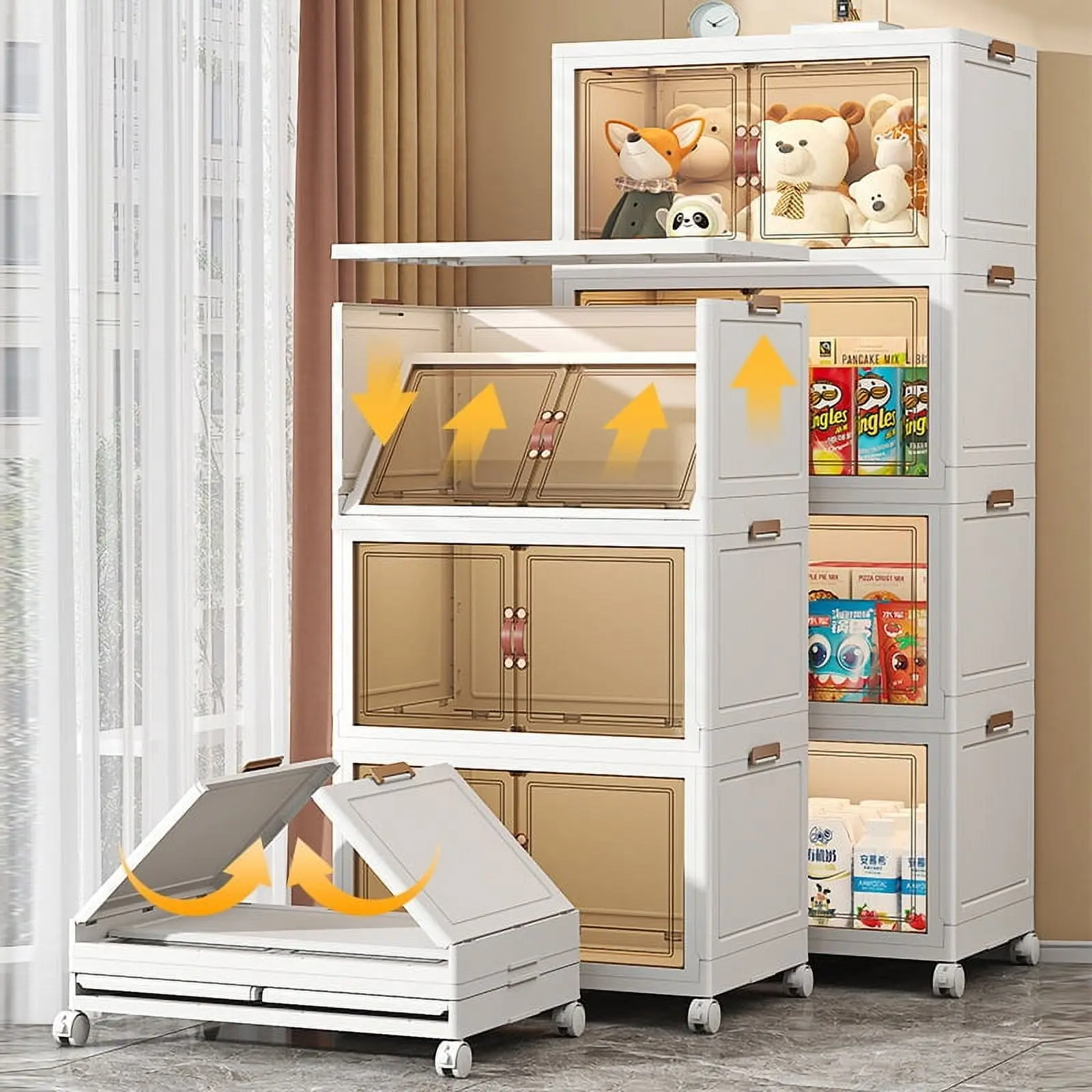 60QT Storage Bins with Lids - Folding Storage box with Doors and Wheels, Collapsible Plastic Storage Bins for Closets