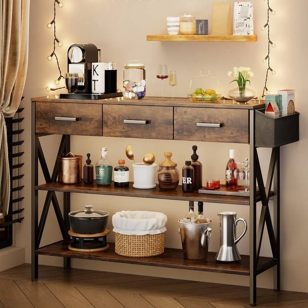 47 "L Console Table  with Drawers, Entryway Table with Storage Shelves, Sofa Table for Living Room, Entryway - Rustic Brown