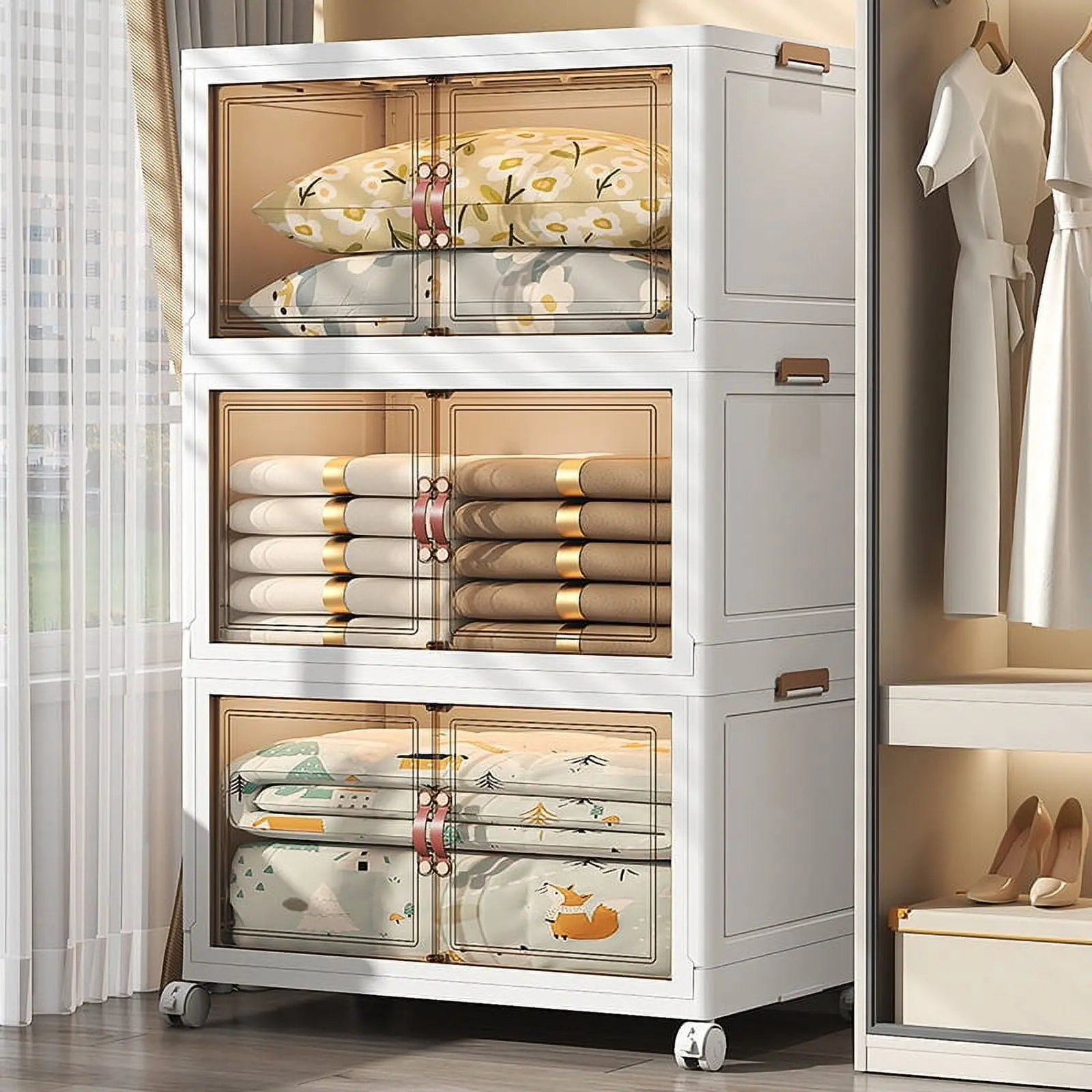 60QT Storage Bins with Lids - Folding Storage box with Doors and Wheels, Collapsible Plastic Storage Bins for Closets