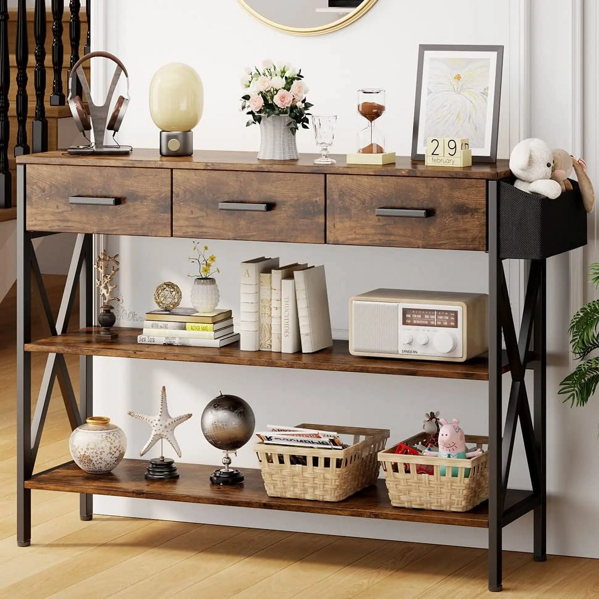 47 "L Console Table  with Drawers, Entryway Table with Storage Shelves, Sofa Table for Living Room, Entryway - Rustic Brown