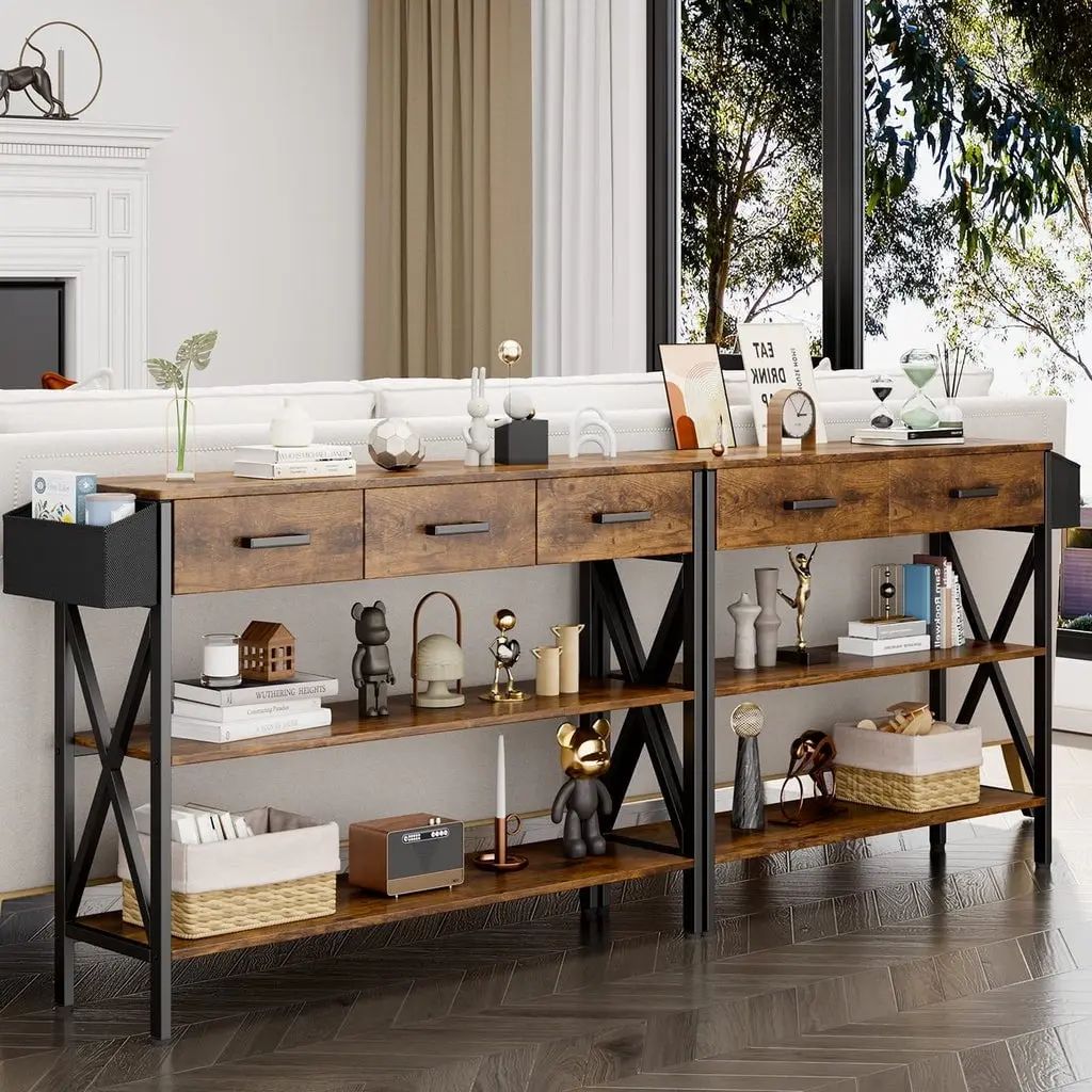 47 "L Console Table  with Drawers, Entryway Table with Storage Shelves, Sofa Table for Living Room, Entryway - Rustic Brown