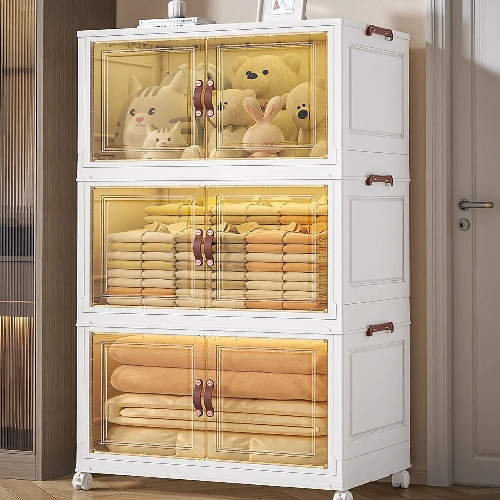 60QT Storage Bins with Lids - Folding Storage box with Doors and Wheels, Collapsible Plastic Storage Bins for Closets